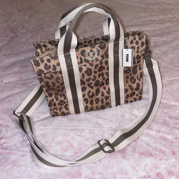 VS PINK Mini Crossbody Canvas Tote in Leopard Cheetah Animal Print Tote Bag - Picture 1 of 7